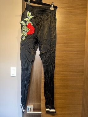 Philipp Plein Black satin pants with rose made in Italy sz XS